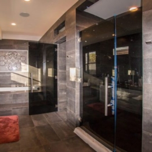 Custom Grey Glass Shower Door Enclosure and Bathroom Door Installation
